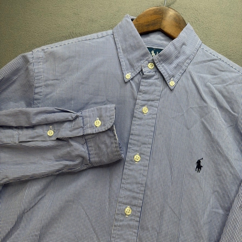 Ralph Lauren Custom Fit Gingham Button Down Shirt Mens M Blue Pony Logo Preppy